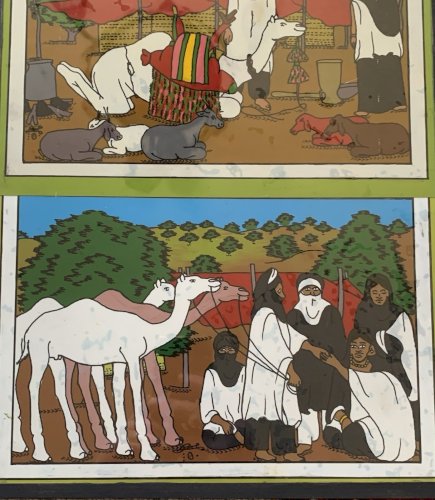 art africain tableau peinture fixé sous verre souwèr Senégal scène nomade