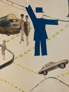 Art Collage 1950 policier voiture Police XXe Ancien Peinture Dessin