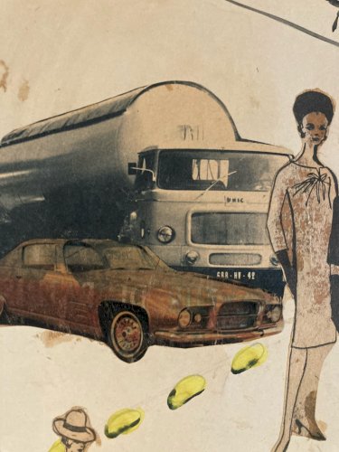 Art Collage 1950 policier voiture Police XXe Ancien Peinture Dessin