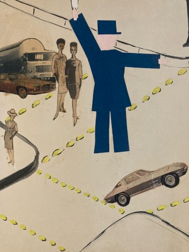 Art Collage 1950 policier voiture Police XXe Ancien Peinture Dessin