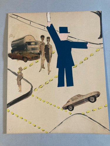 Art Collage 1950 policier voiture Police XXe Ancien Peinture Dessin