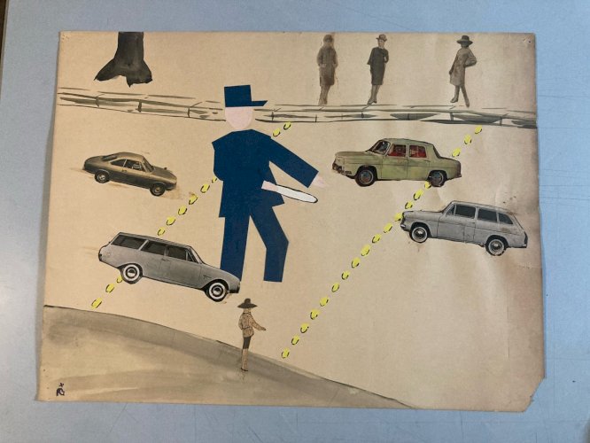 Art Collage Dessin 1950 policier voiture Police XXe Ancien Peinture