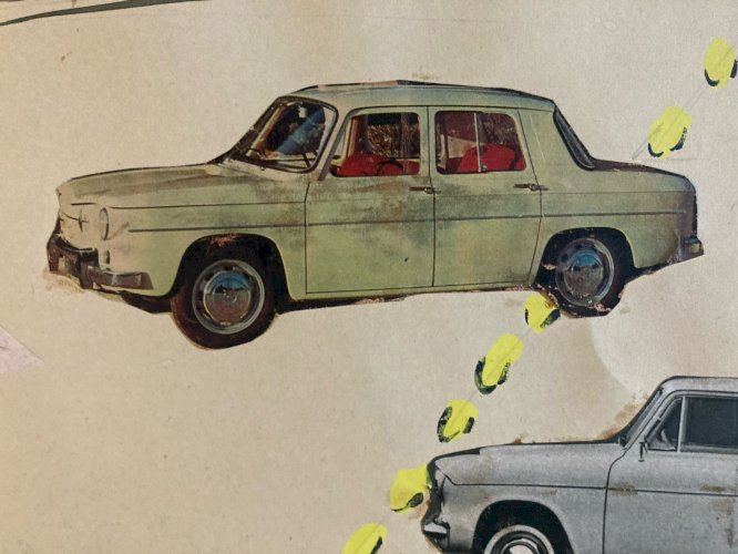 Art Collage Dessin 1950 policier voiture Police XXe Ancien Peinture