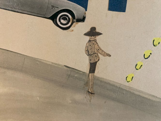 Art Collage Dessin 1950 policier voiture Police XXe Ancien Peinture