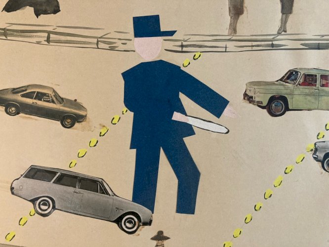 Art Collage Dessin 1950 policier voiture Police XXe Ancien Peinture