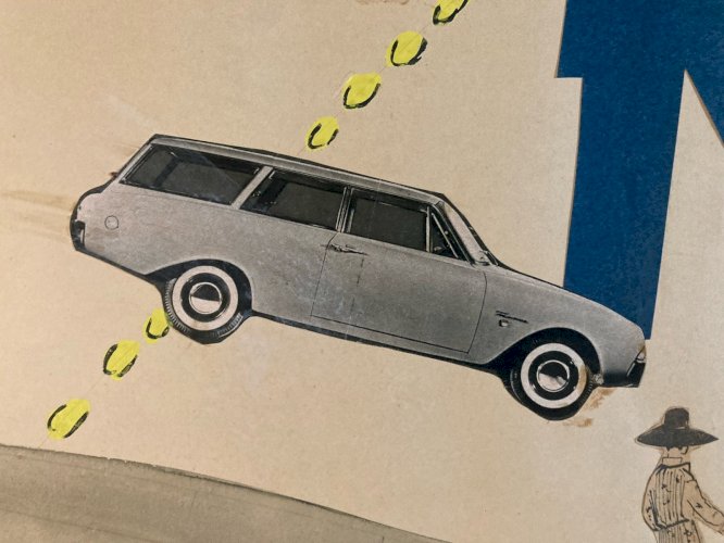 Art Collage Dessin 1950 policier voiture Police XXe Ancien Peinture