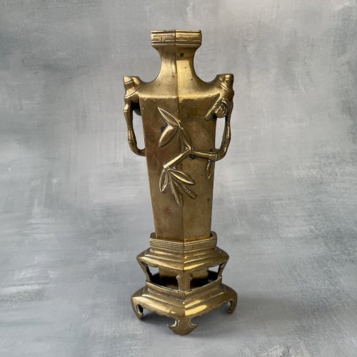 Art d'Asie ancien petit vase en bronze à décor de bambou socle amovible ~18cm