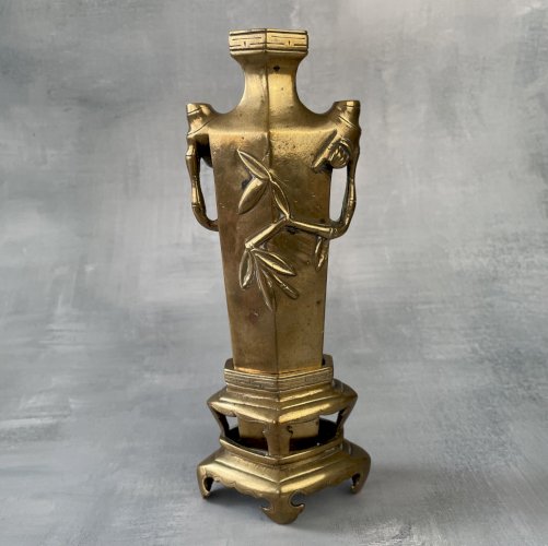 Art d'Asie ancien petit vase en bronze à décor de bambou socle amovible ~18cm