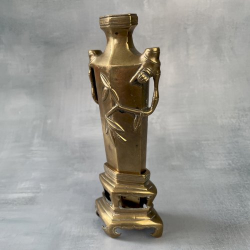 Art d'Asie ancien petit vase en bronze à décor de bambou socle amovible ~18cm