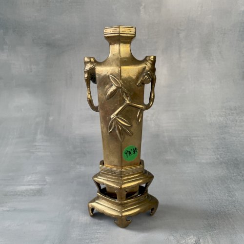 Art d'Asie ancien petit vase en bronze à décor de bambou socle amovible ~18cm
