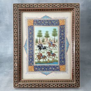 ART PERSAN Tableau perse Iran peinture sur os cavaliers et cadre Khatam Kari