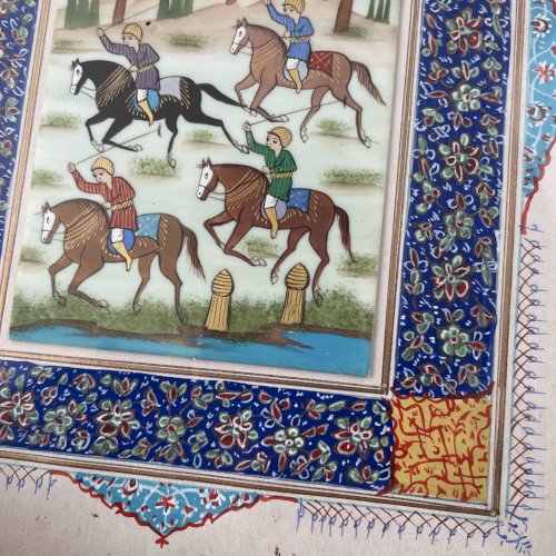 ART PERSAN Tableau perse Iran peinture sur os cavaliers et cadre Khatam Kari