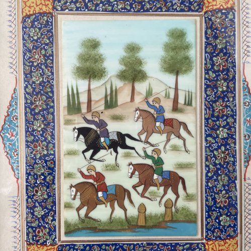 ART PERSAN Tableau perse Iran peinture sur os cavaliers et cadre Khatam Kari