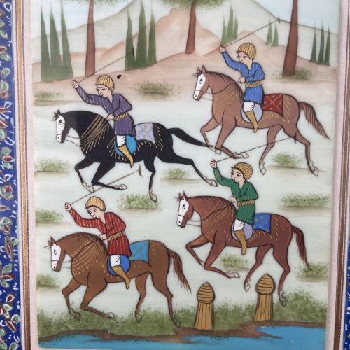 ART PERSAN Tableau perse Iran peinture sur os cavaliers et cadre Khatam Kari