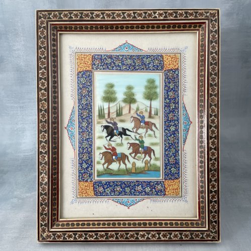 ART PERSAN Tableau perse Iran peinture sur os cavaliers et cadre Khatam Kari