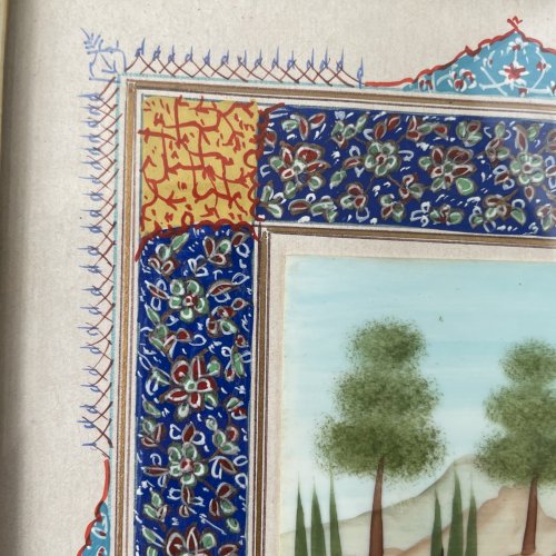 ART PERSAN Tableau perse Iran peinture sur os cavaliers et cadre Khatam Kari