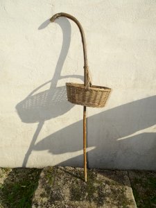 -ART POPULAIRE CANNE BOIS AVEC PETIT PANIER OSIER POUR LA CUEILLETTE CHAMPIGNON