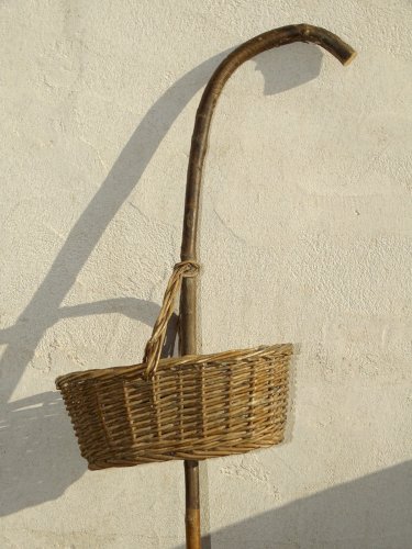 -ART POPULAIRE CANNE BOIS AVEC PETIT PANIER OSIER POUR LA CUEILLETTE CHAMPIGNON