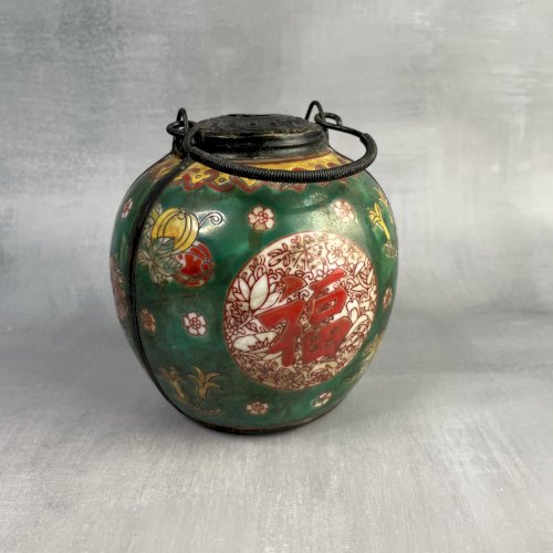 ASIE : Ancienne pipe à eau chinoise pot en porcelaine verte marque 6 caractères