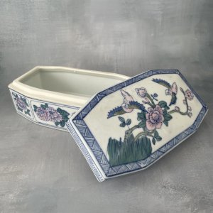 ASIE CHINE grande boite coffret vintage décor fleurs floral et oiseaux