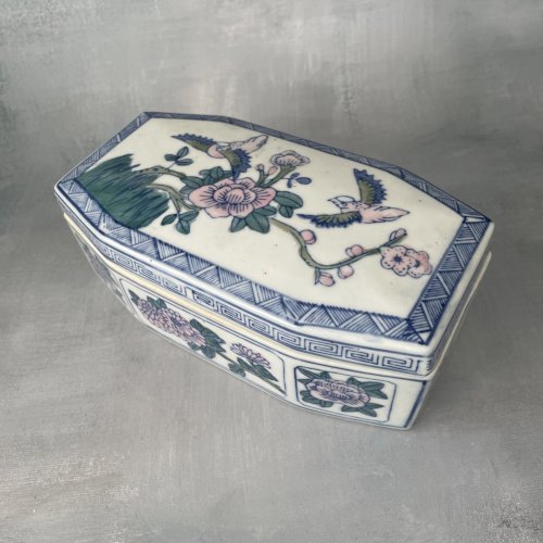 ASIE CHINE grande boite coffret vintage décor fleurs floral et oiseaux