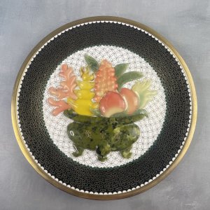ASIE CHINE Nan Yu assiette plat email cloisonnée et décor en pierre  Ø ~25.5cm