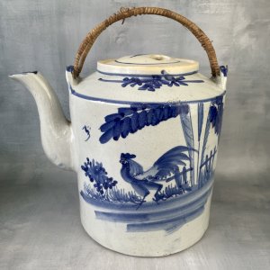 ASIA CHINA very large family-size teapot in stoneware with blue rooster decoration