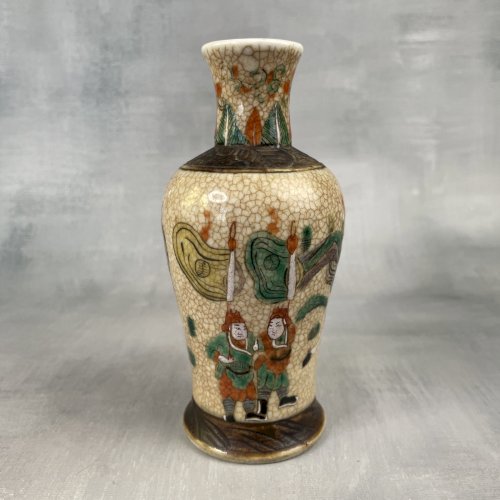 ASIE NANKIN Vase asiatique céramique craquelé scène de guerre ~14.5cm