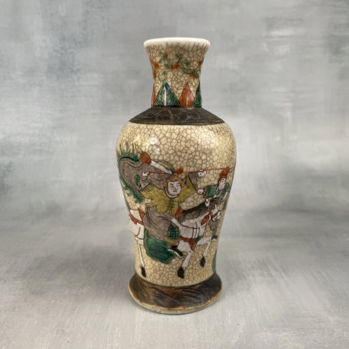 ASIE NANKIN Vase asiatique céramique craquelé scène de guerre ~14.5cm