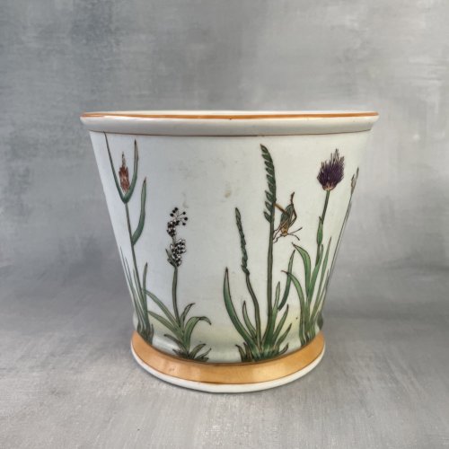 ASIE vase cache pot porcelaine décor végétaux fleur insectes marque à identifier