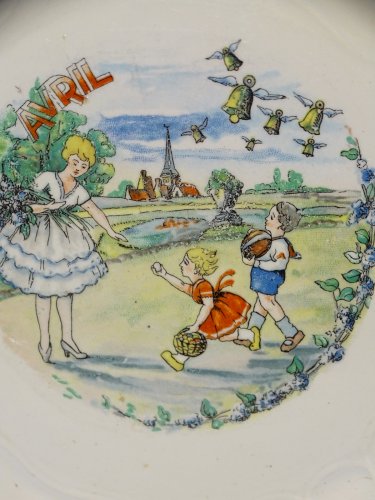 -ASSIETTE A DESSERT CERAMIQUE MOULIN DES LOUPS HAMAGE ANCIENNE MOIS d'AVRIL   D