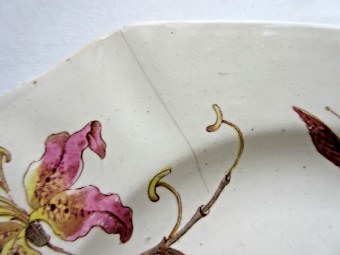 Assiette à dessert polychrome, Lunéville, Art Nouveau: Orchidées, Papillons