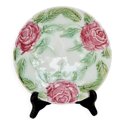 Assiette à dessert vintage barbotine fleurs roses