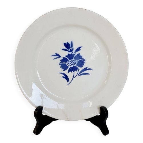 Assiette à dessert vintage en faïence ivoire – Décor fleur bleue