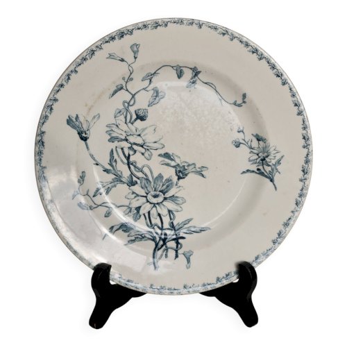 Assiette ancienne terre de fer Lunéville K&G modèle Marguerite bleu blanc