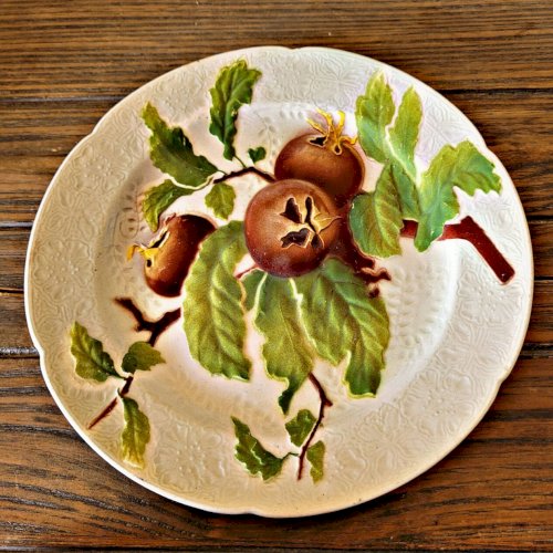 Assiette barbotine (majolique) Saint Clément K&G, 1900-20, décor figues