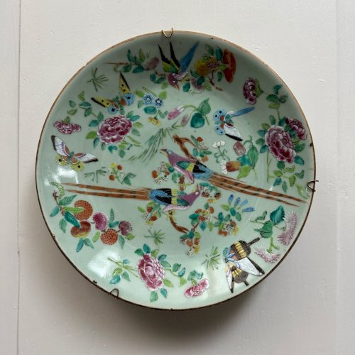 Assiette chinoise en porcelaine céladon décor d'oiseaux et de papillons M3917