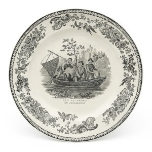 Assiette Creil & Montereau – “Les pêcheurs en jouissance” – décor noir – 19e – 2