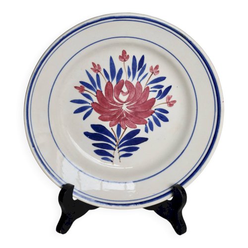 Assiette creuse ancienne faïence de Gien - Décor fleuri rouge et bleu