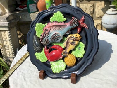decorative plate trompe l'oeil slipware fish shell vintage Vallauris