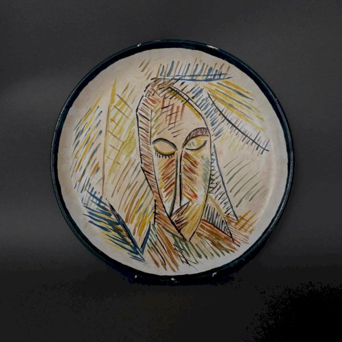 Assiette en céramique 1960 visage féminin monogramme CD M3942