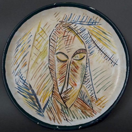 Assiette en céramique 1960 visage féminin monogramme CD M3942