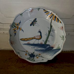 18th century faience plate La Rochelle peacock and butterfly decoration M3636