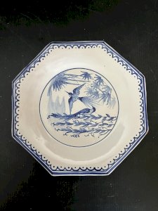Assiette exagonale oiseaux bleu Emile Tessier Malicorne faience Sarthe