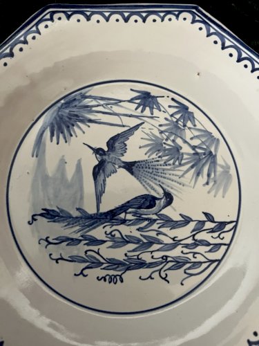 Assiette exagonale oiseaux bleu Emile Tessier Malicorne faience Sarthe