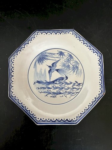 Assiette exagonale oiseaux bleu Emile Tessier Malicorne faience Sarthe