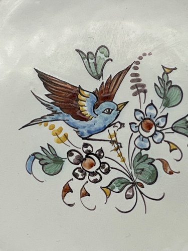 Assiette Nevers faïence XIXe décor oiseau fleurs ancien bleu manganèse antique