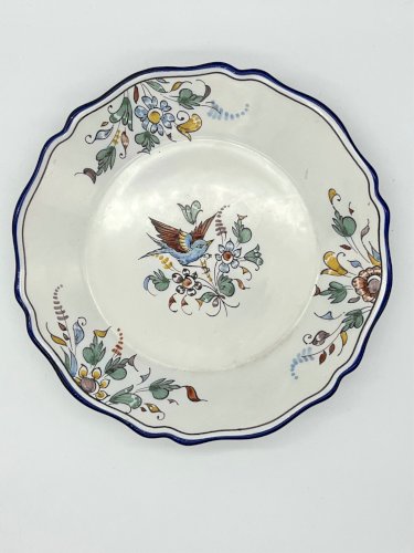 Assiette Nevers faïence XIXe décor oiseau fleurs ancien bleu manganèse antique