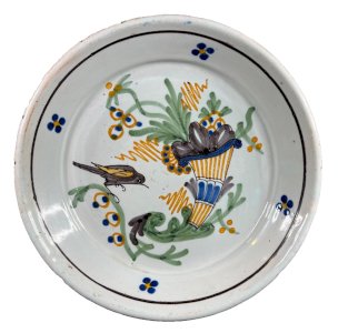 Nevers plate 19th century earthenware with bird and cornucopia decoration, antique 19th century