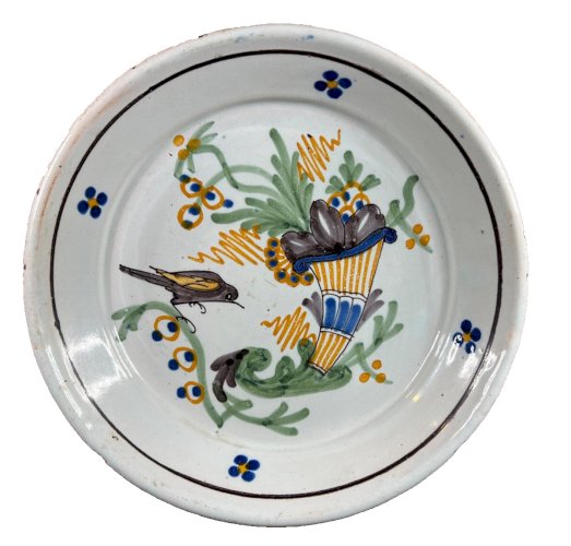 Assiette Nevers XIXe faïence décor oiseau corne d’abondance ancien 19e